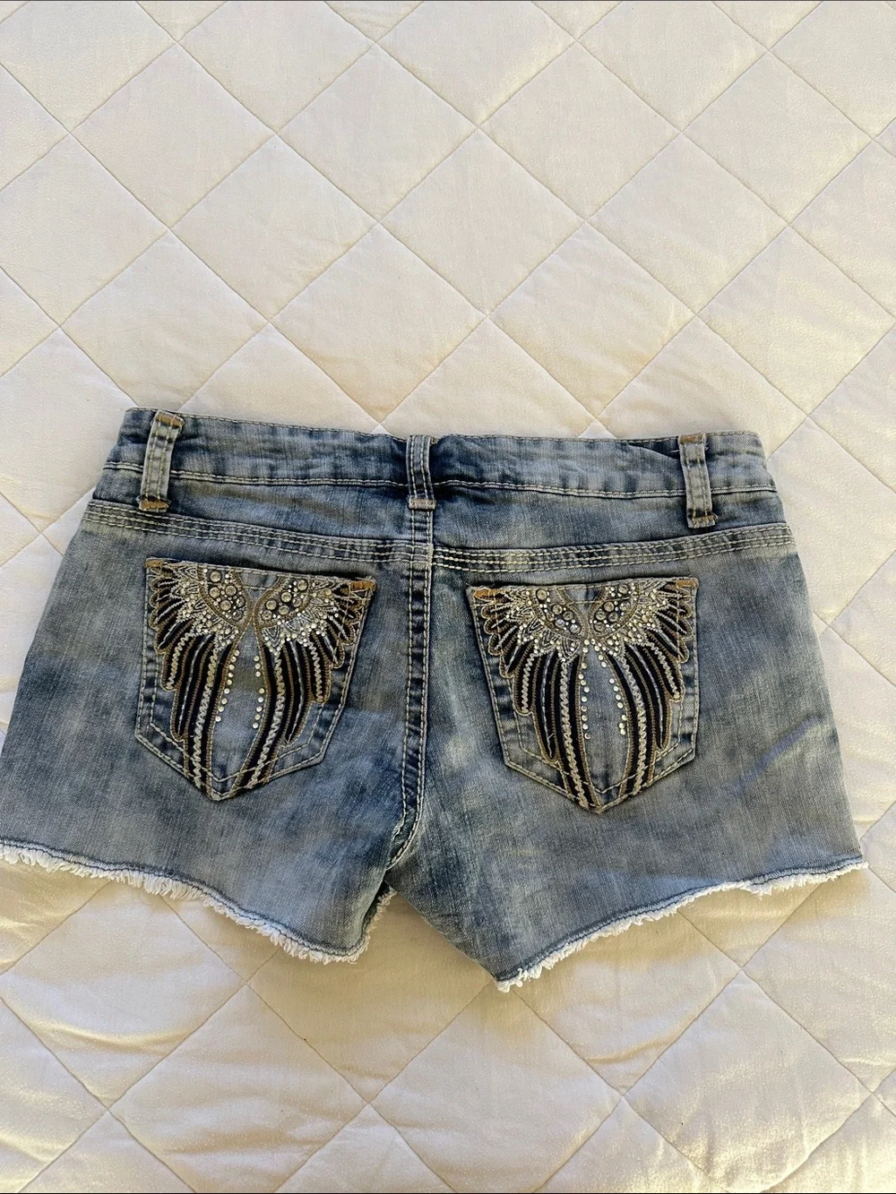 Embellished Light Wash Denim Shorts - Blue